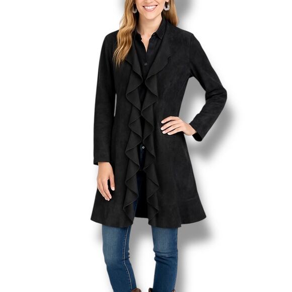 Scully Black Suede Ruffle Front Coat Genuine Leather Longline Duster Jacket - Picture 1 of 14
